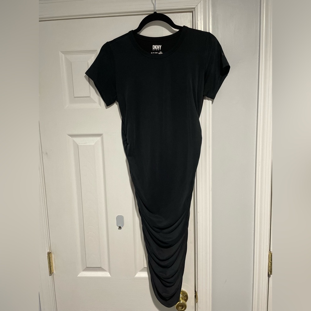 DKNY Black Short-Sleeve Midi Dress with Draped Skirt